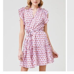 Oliphant Flirty Cotton Floral Ruffle Sleeve Pink Tie Back Dress M